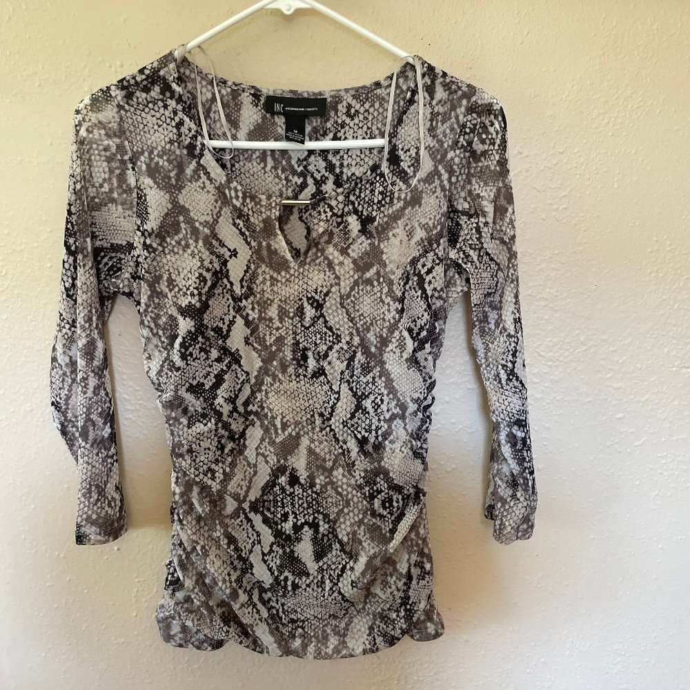 INC International Concepts Snake Print M Blouse Top Fitted sheer sleeve